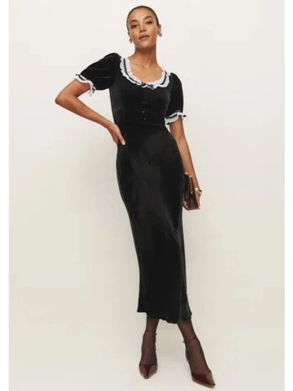 NWT Reformation Adessa Black Velvet Maxi Dress with White Lace Trim - Picture 3 of 7